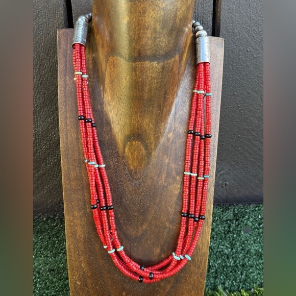 Sterling Silver Multi Strand Red Coral Bead Necklace 22 Inch